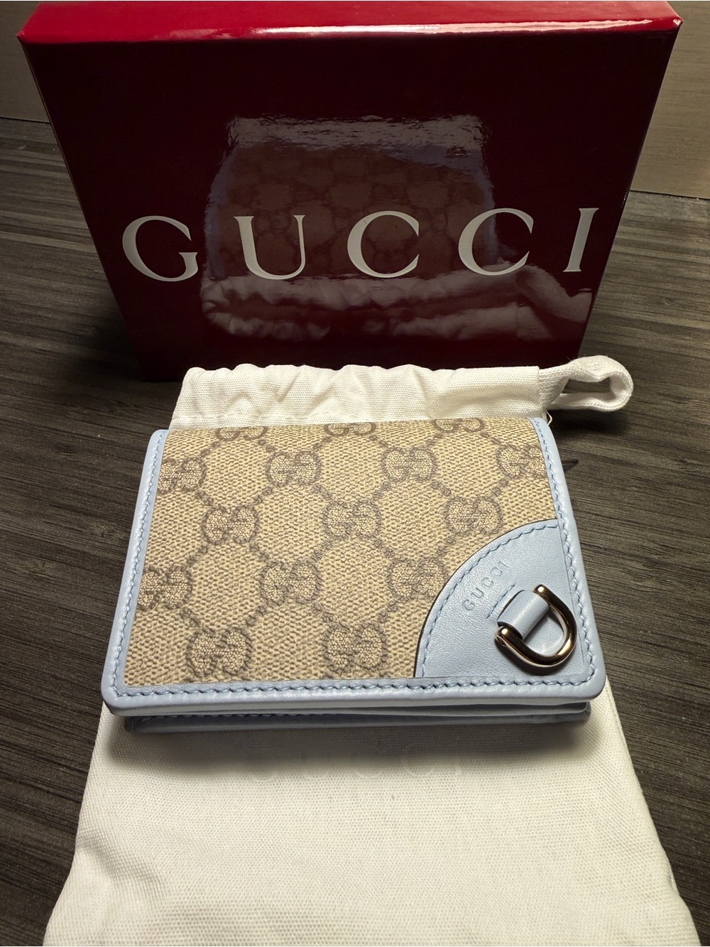 Gucci Beige GG Canvas Card Holder with Light Blue Leather Trim